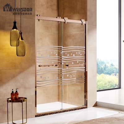 Cheap price rose gold frame sliding tempered glass shower door